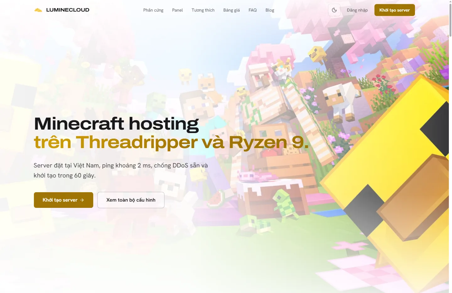 Landing LumineCloud ở theme sáng