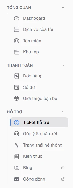 Các nhóm trong sidebar khu khách