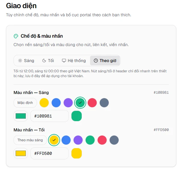 Chế độ và màu nhấn trong Theme Studio