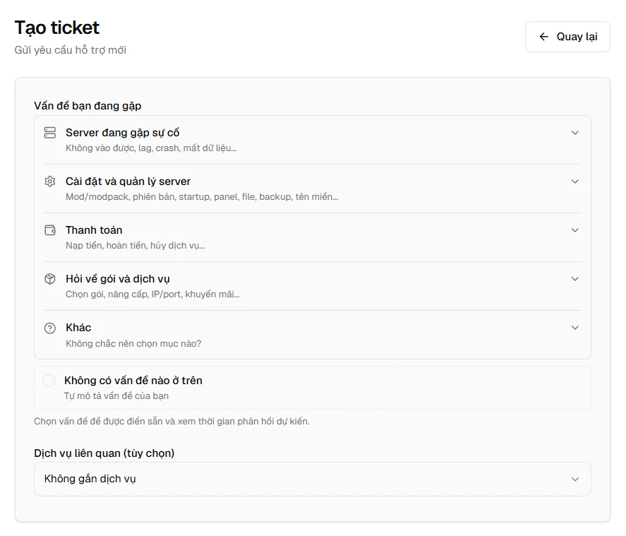 Catalog vấn đề trong form tạo ticket